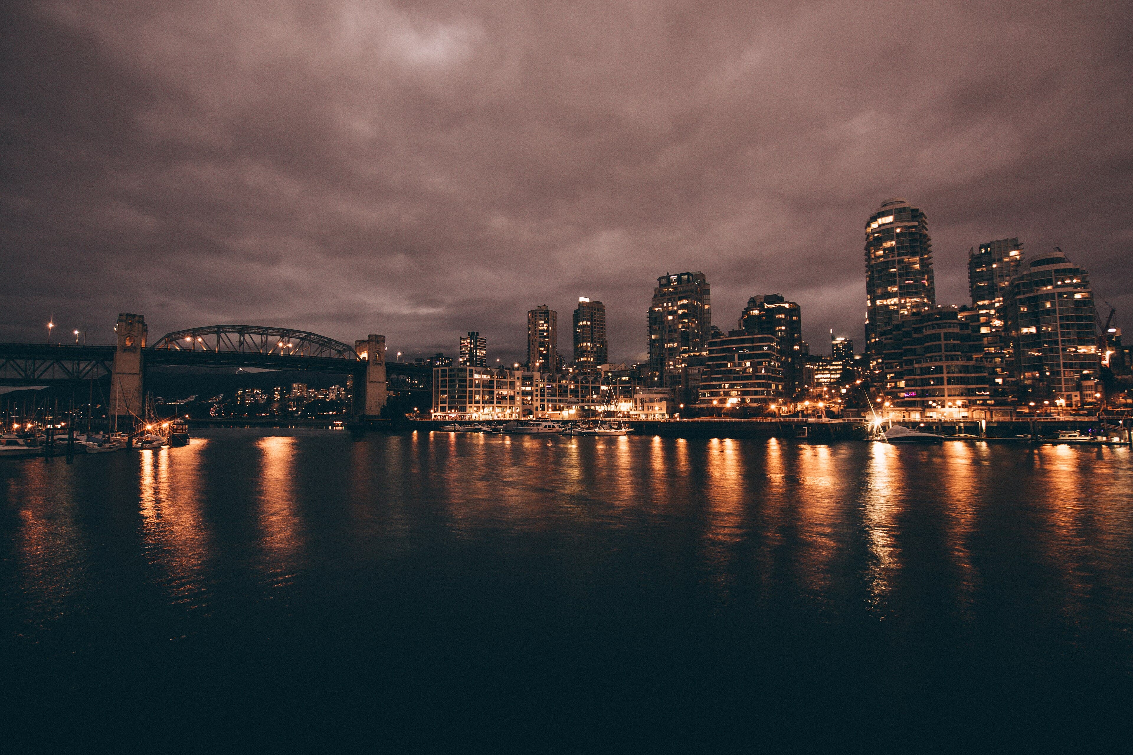 Burrard Street Bridge and the False Creek waterfront at night in Vancouver